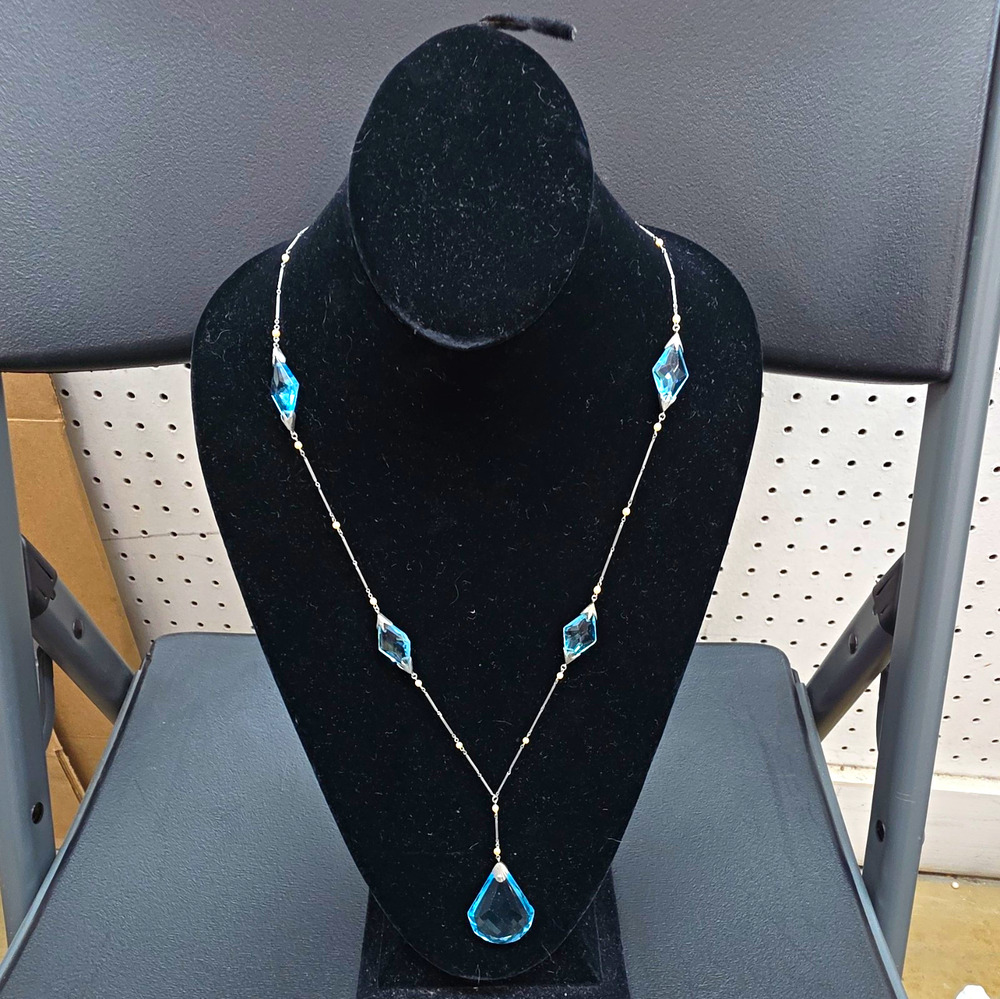 Antique 1920s Art Deco PLATINON Aqua Blue Glass Briolette Sautoir Y Necklace 20s